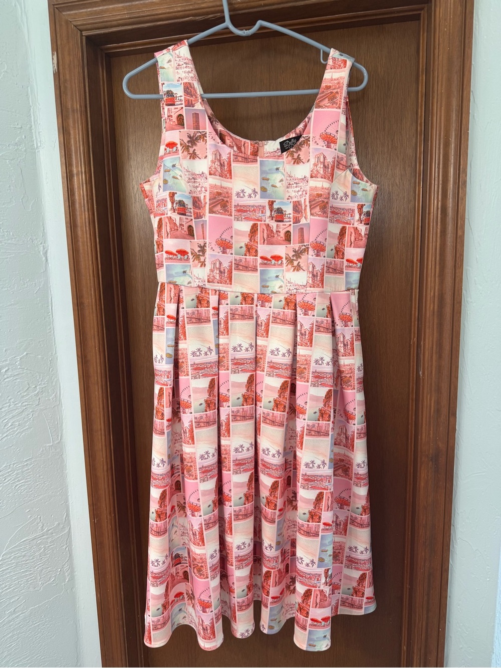 Pink Retro Post Card Print Sleeveless Dress-Size 10